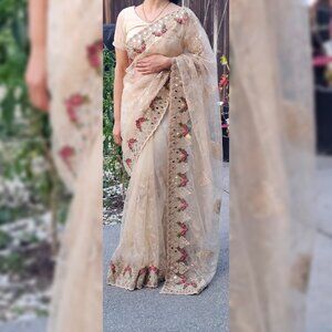 Cream and Gold Embroidered Net Saree NEGOTIABLE